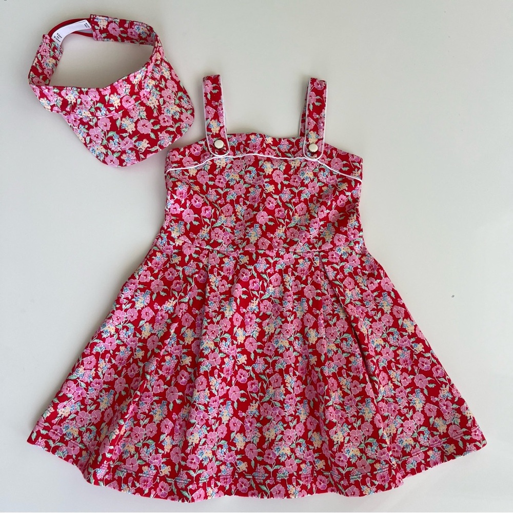 NWOT Janie and Jack Red Ditsy Floral Print Dress, Size 4, and Visor, Size 6-8